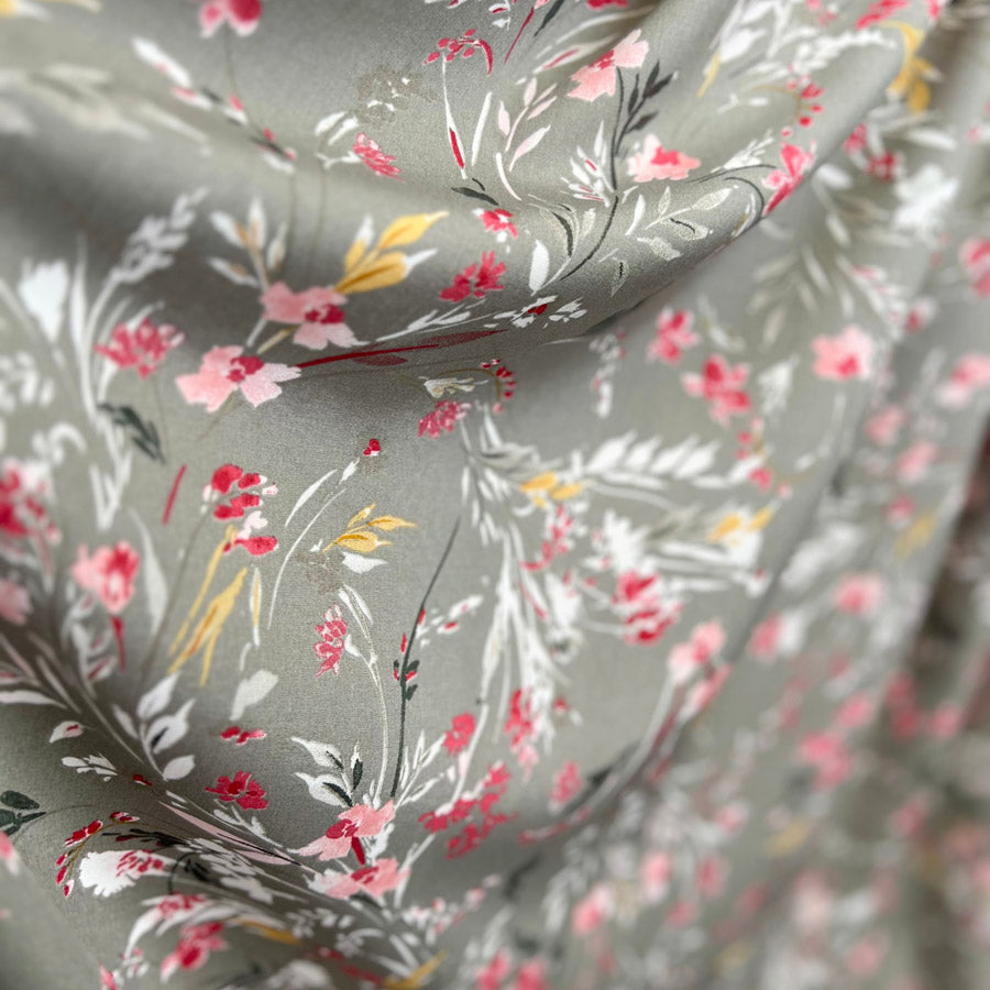 Viscose Challis Melody Grey Watercolour Floral Print Dress Fabric Drape