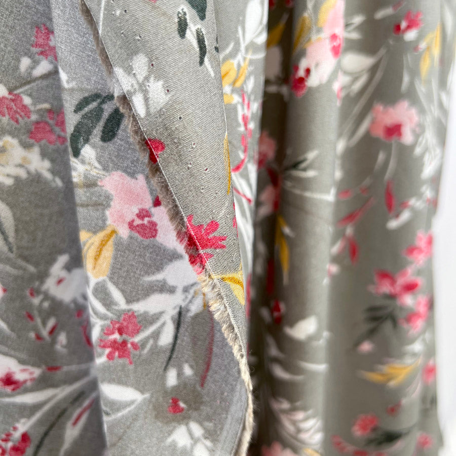 Viscose Challis Melody Grey Watercolour Floral Print Dress Fabric Hang