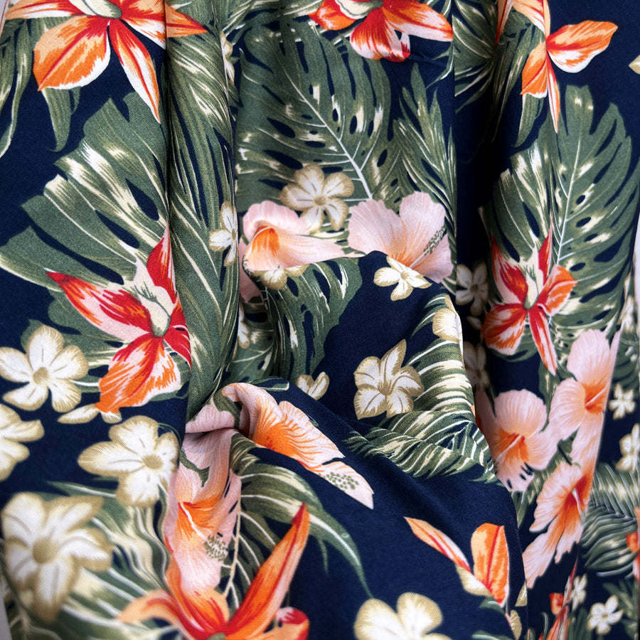 Viscose Challis The Descendants Navy Green Red Floral Leaf Print Dress Fabric