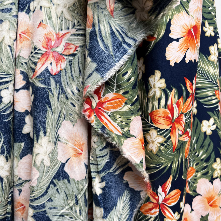 Viscose Challis The Descendants Navy Green Red Floral Leaf Print Dress Fabric Drape