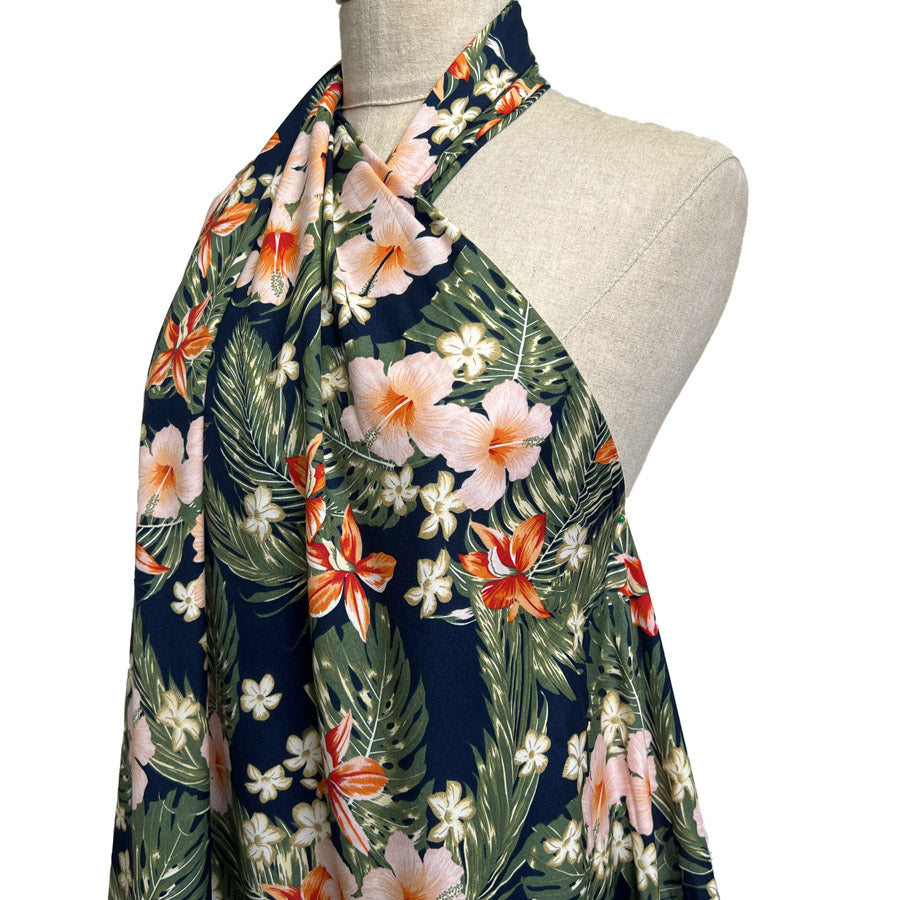 Viscose Challis The Descendants Navy Green Red Floral Leaf Print Dress Fabric Side