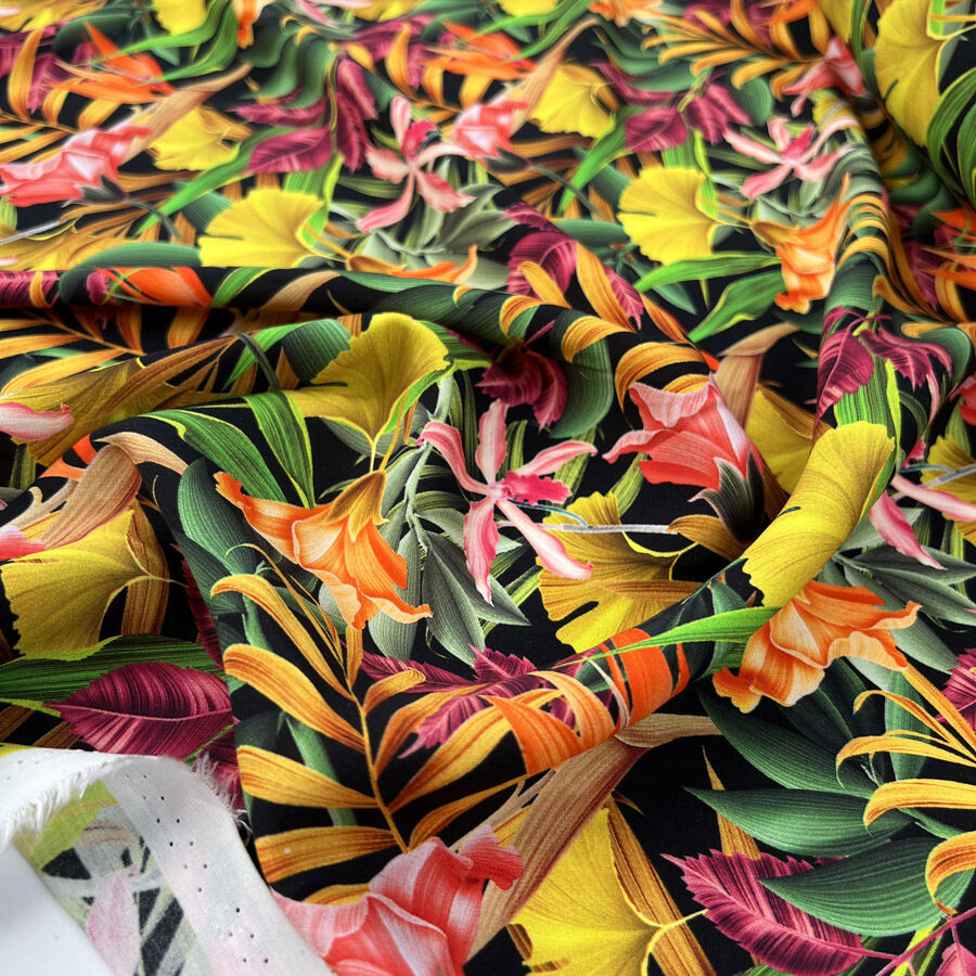 Viscose Challis Zamora Abstract Colourful Leaf Print Dress Fabric