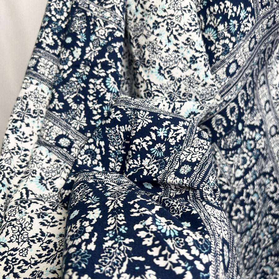 Viscose Challis Zen Paisley Blue White Abstract Floral Print Dress Fabric