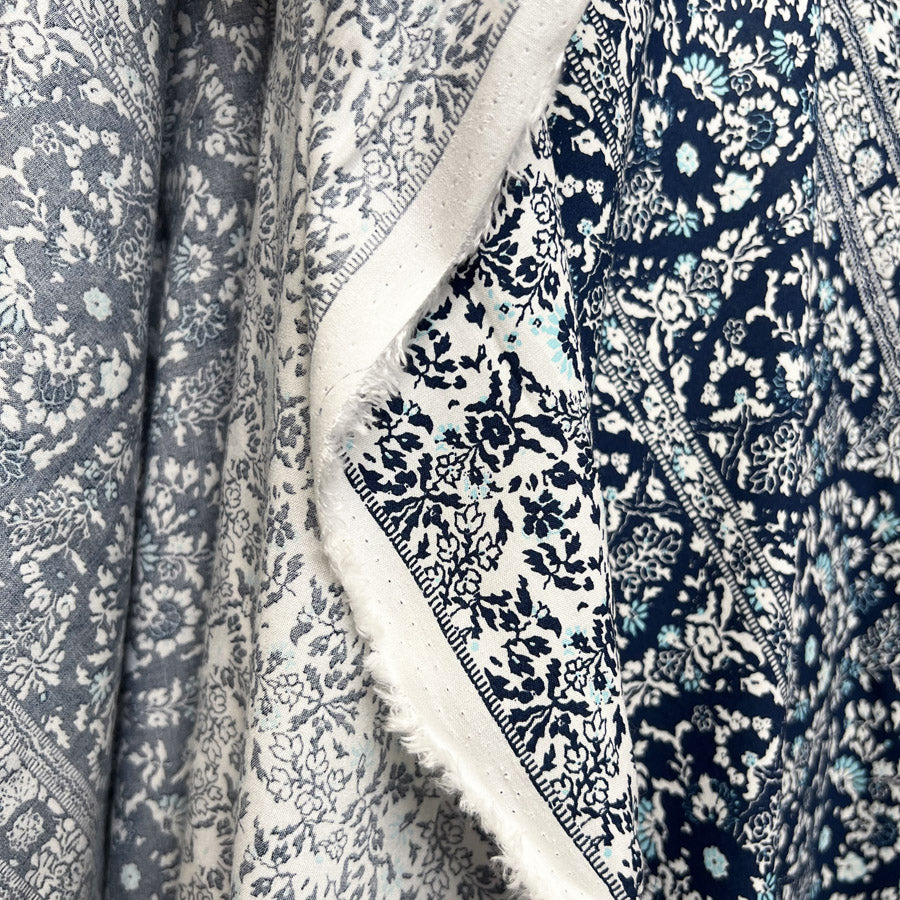 Viscose Challis Zen Paisley Blue White Abstract Floral Print Dress Fabric Drape