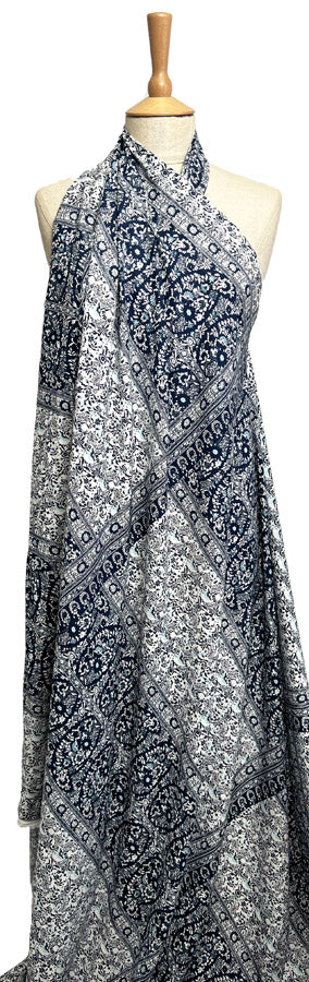 Viscose Challis Zen Paisley Blue White Abstract Floral Print Dress Fabric Mannequin