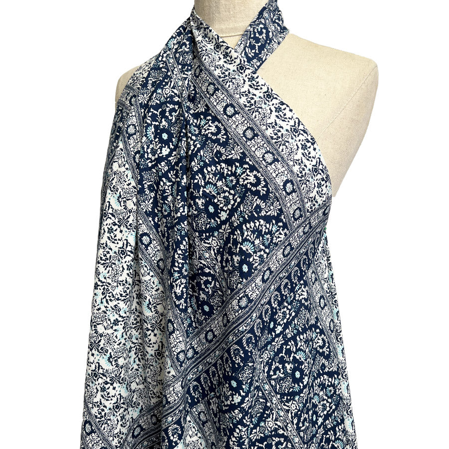 Viscose Challis Zen Paisley Blue White Abstract Floral Print Dress Fabric Side