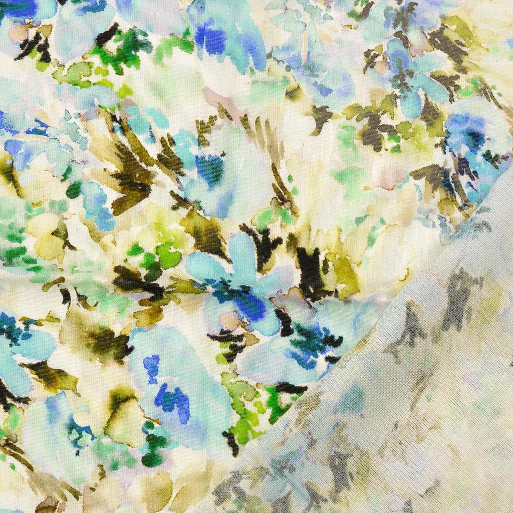 Viscose Linen Blend Floral Print Fabric Painterly Petals Blue Fold