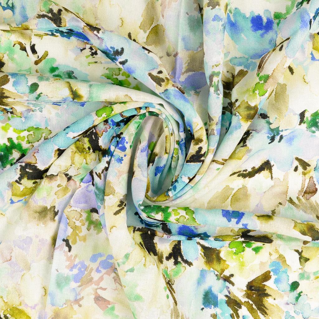 Viscose Linen Blend Floral Print Fabric Painterly Petals Blue Twist