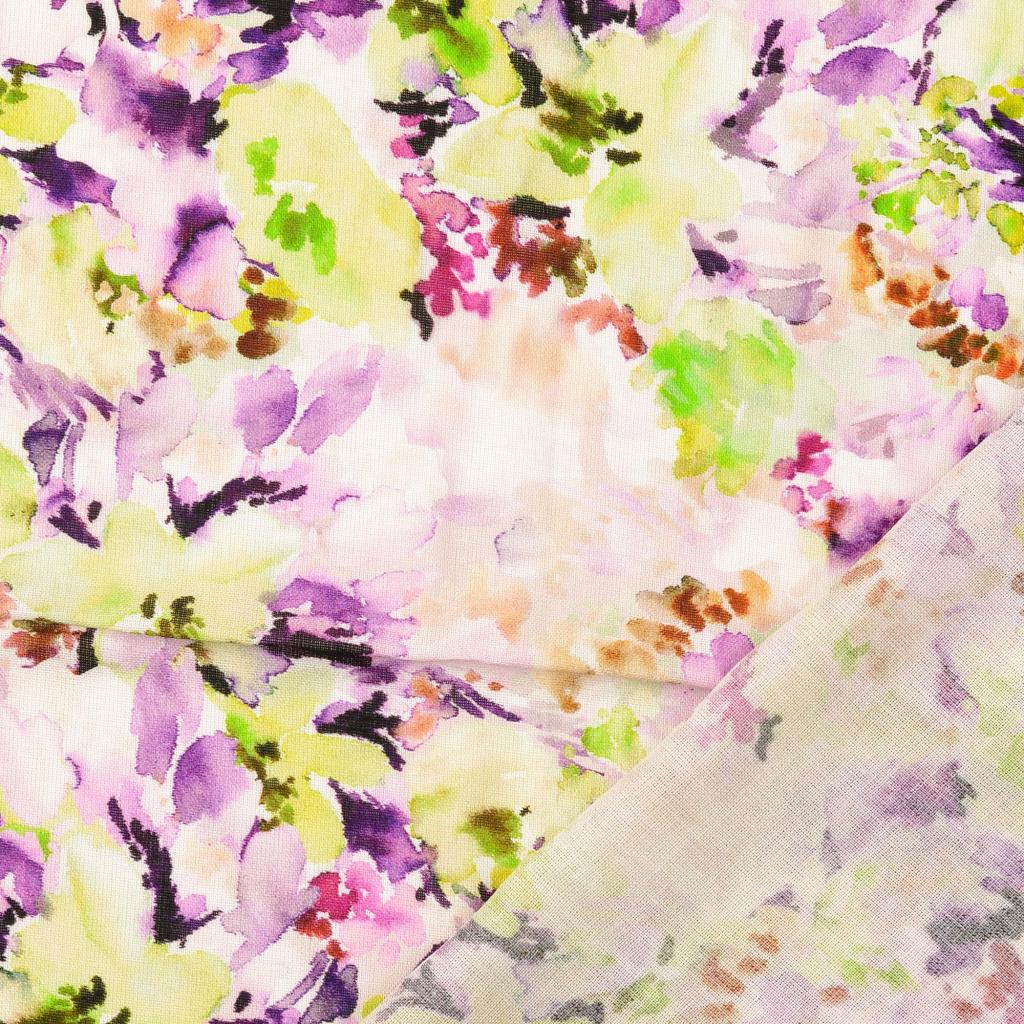 Viscose Linen Blend Floral Print Fabric Painterly Petals Purple Fold