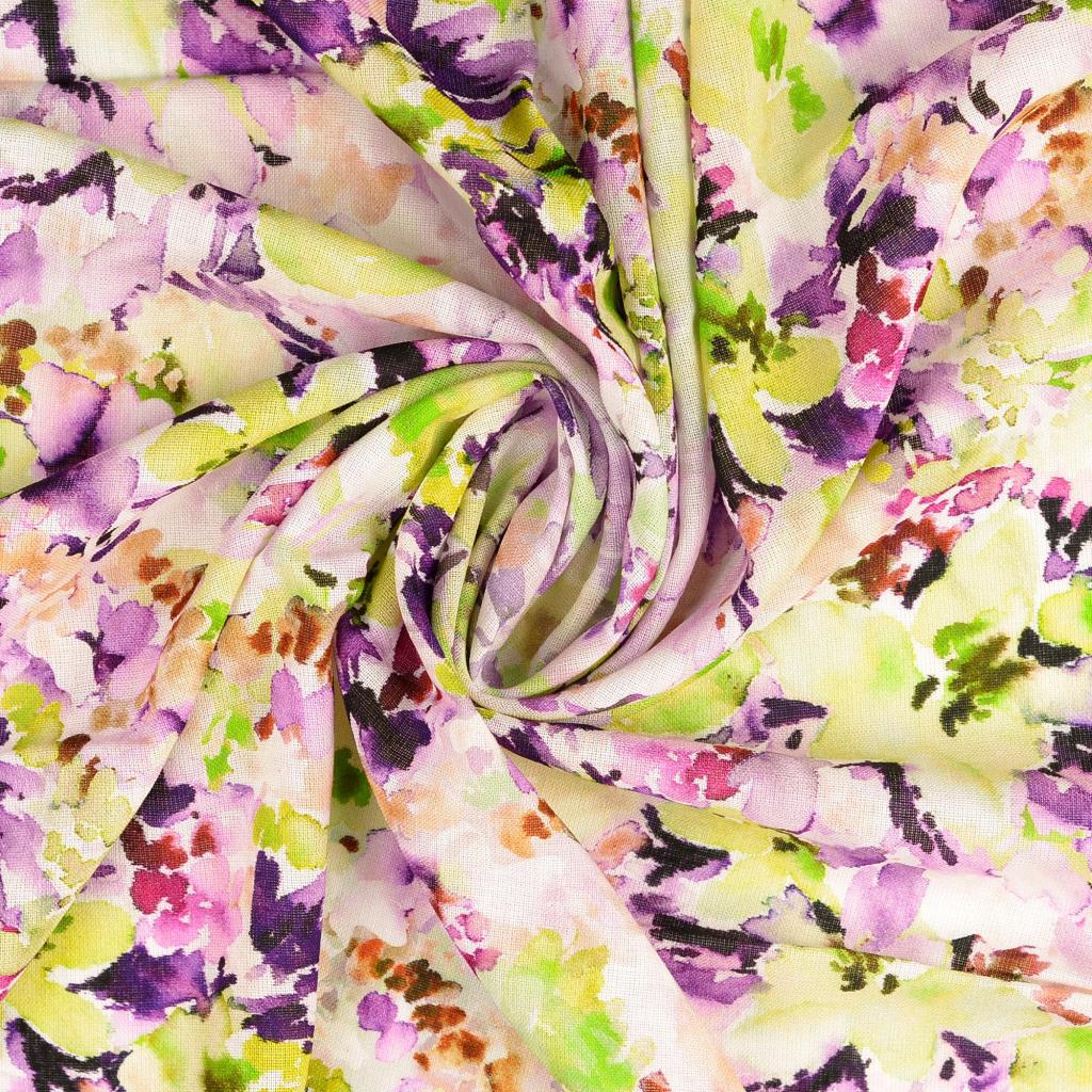 Viscose Linen Blend Floral Print Fabric Painterly Petals Purple Twist