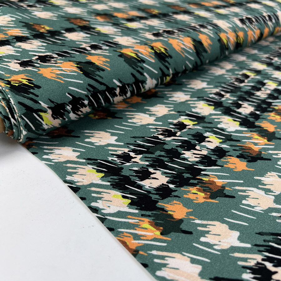 Viscose Twill Abstraction Sea Green Orange Dress Fabric Bolt