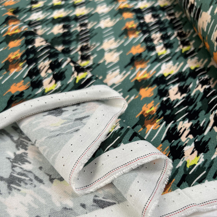 Viscose Twill Abstraction Sea Green Orange Dress Fabric Fold