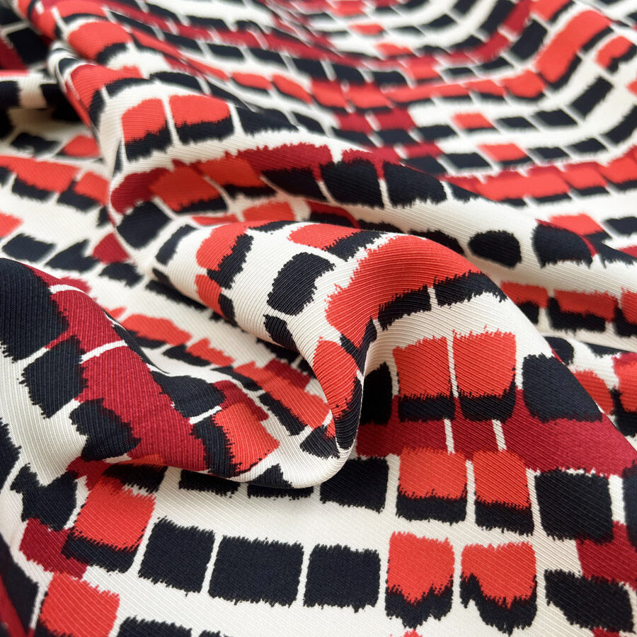 Viscose Twill Metro Grid Red Black Cream Abstract Dress Woven Fabric