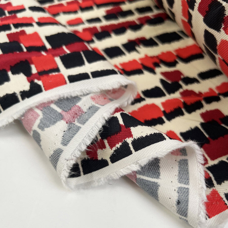 Viscose Twill Metro Grid Red Black Cream Abstract Dress Woven Fabric Fold