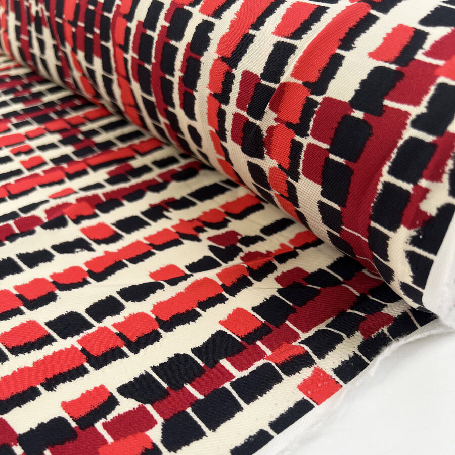Viscose Twill Metro Grid Red Black Cream Abstract Dress Woven Fabric Roll