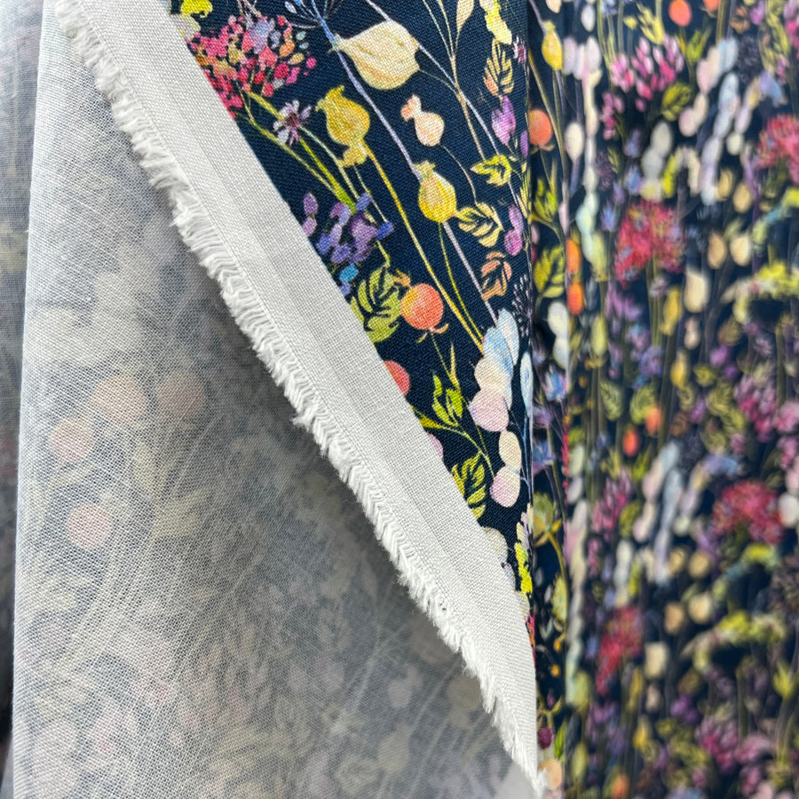 Voyage Hedgerow Navy Morlich Cotton Dress Fabric Drape