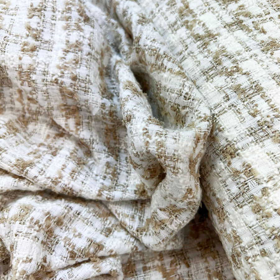 White Gold Polyester Acrylic Metallic Check Boucle Fabric Celine Close Up