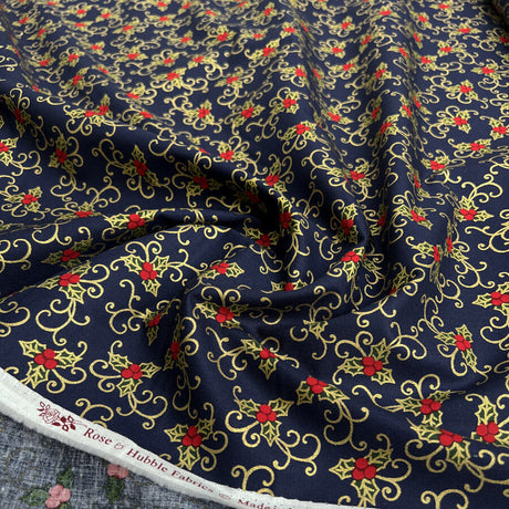 Christmas Cotton - Berries & Holly - Blue