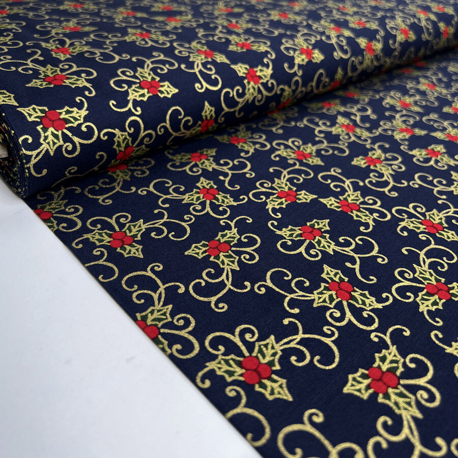 Christmas Cotton - Berries & Holly - Blue