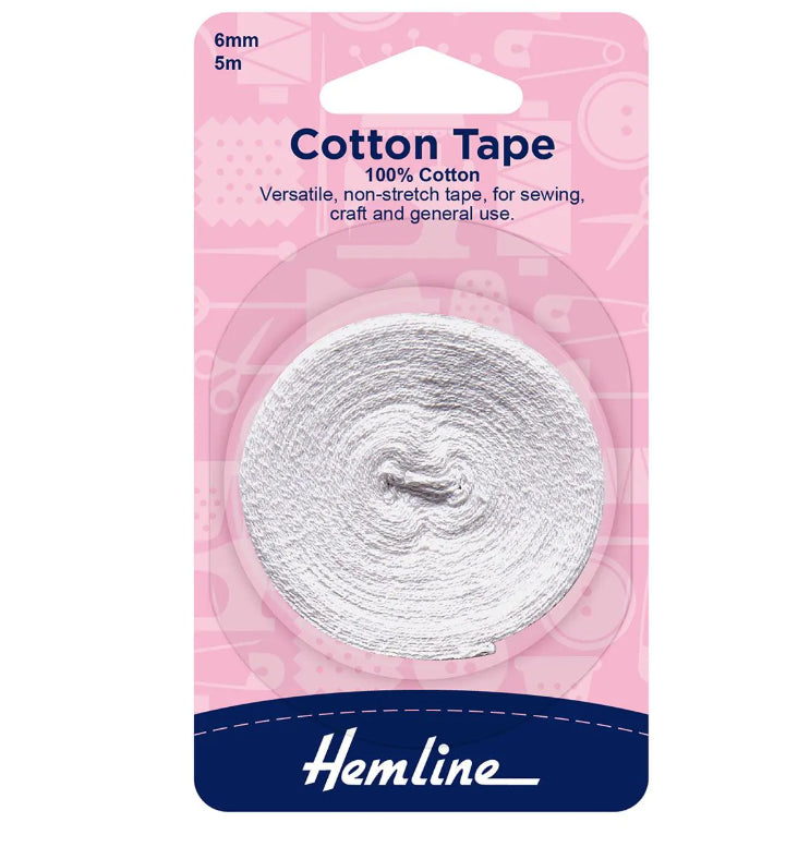 Hemline 6mm Wide White Cotton Twill Tape - 5 Metres