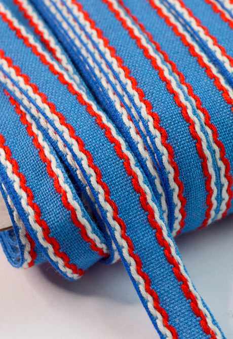 15mm Stitched Edge Braid Cotton Tape Blue Red White Crafting Haberdashery Cud
