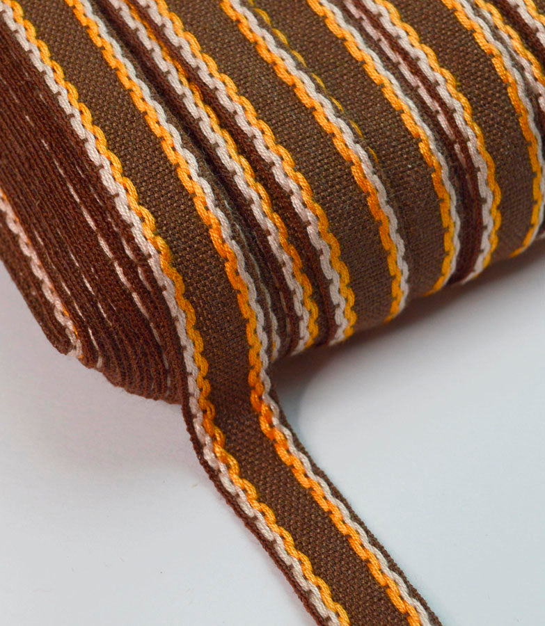 15mm Stitched Edge Braid Cotton Tape - Brown, Orange & Cream (50m Roll)