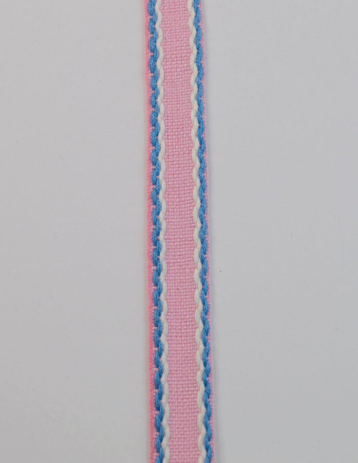 15mm Stitched Edge Braid Cotton Tape – Pink, Blue & White