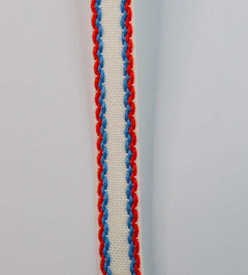 15mm Stitched Edge Braid Cotton Tape – White, Blue & Red