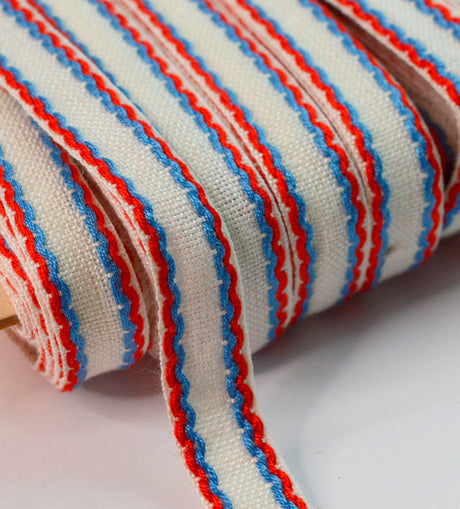 15mm Stitched Edge Braid Cotton Tape White Blue Red Crafting Haberdashery Cud1