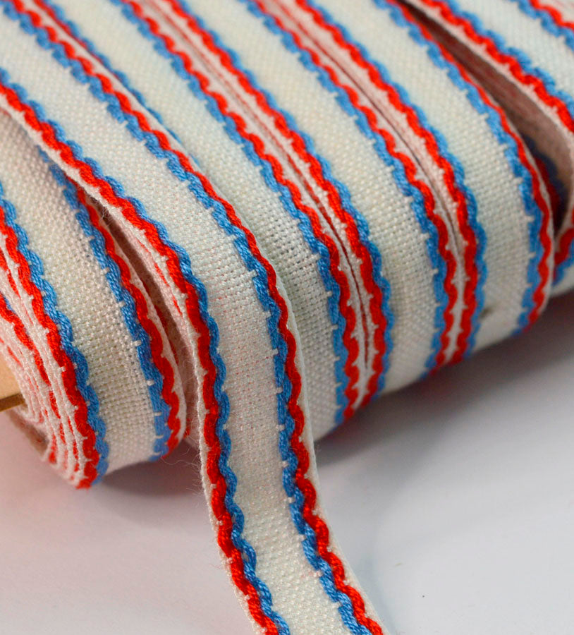15mm Stitched Edge Braid Cotton Tape – White, Blue & Red