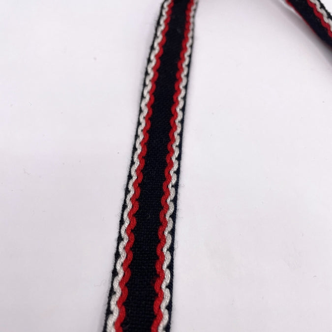 15mm Stitched Edge Braid Cotton Tape – Black, Red & White