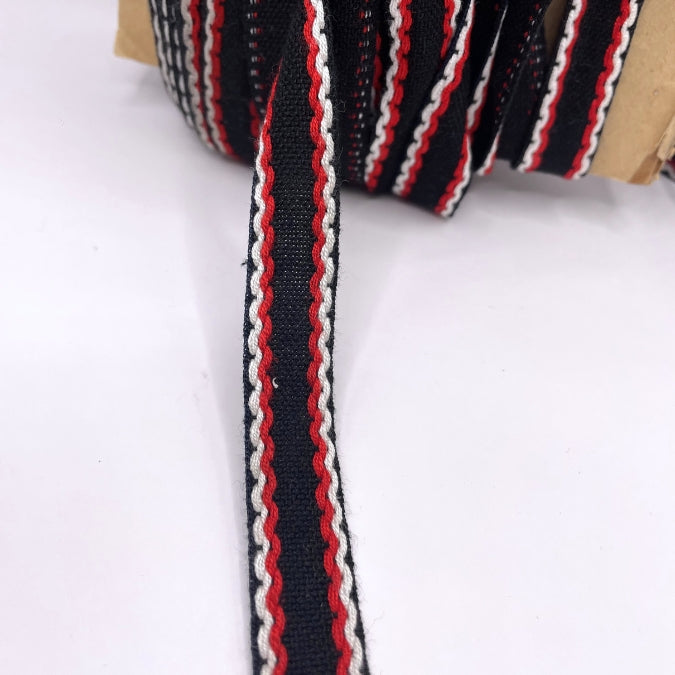15mm Stitched Edge Braid Cotton Tape - Black, Red & White
