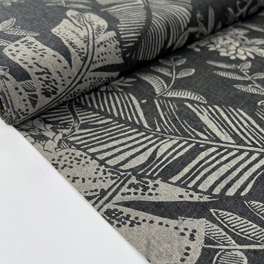 4oz Denim Chambray Tropical Leaves Grey Cotton Dress Fabric Bolt