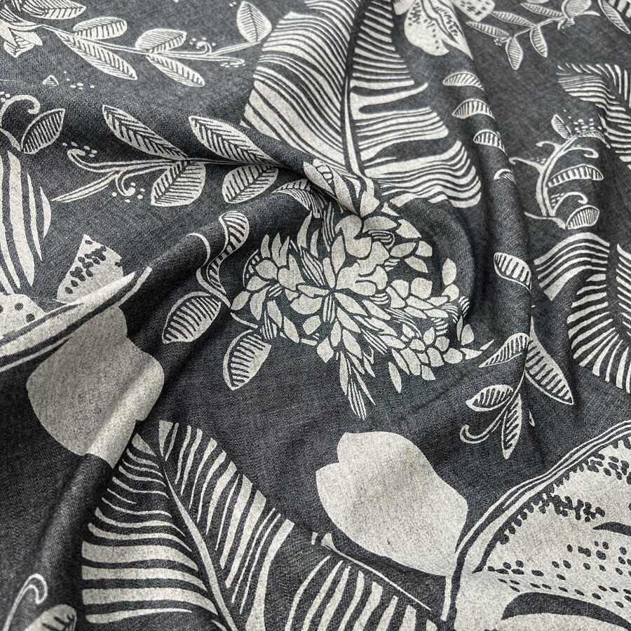 4oz Denim Chambray Tropical Leaves Grey Cotton Dress Fabric