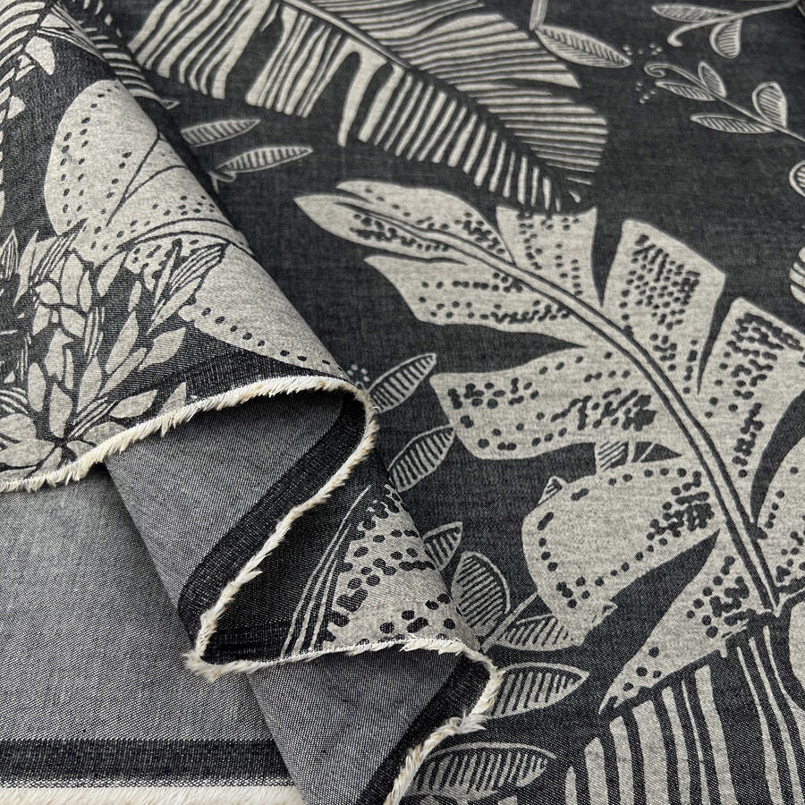 4oz Denim Chambray Tropical Leaves Grey Cotton Dress Fabric Fold