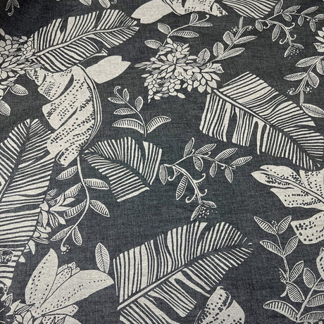 4oz Denim Chambray Tropical Leaves Grey Cotton Dress Fabric Print