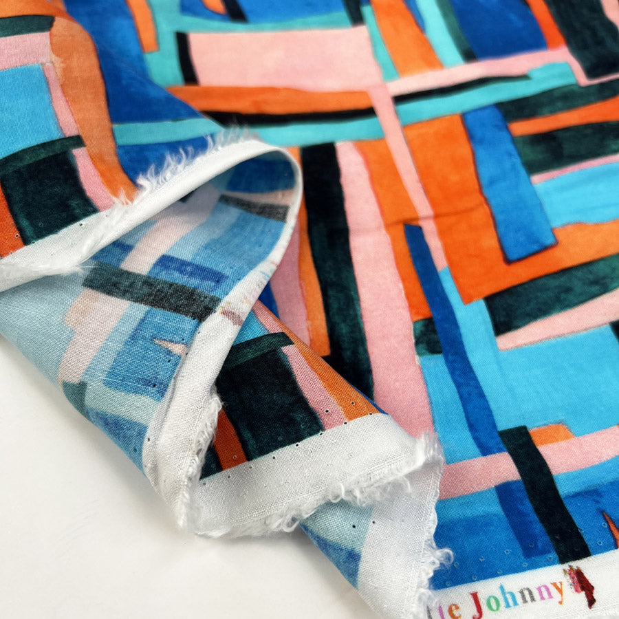 Abstractions Rayon Challis Viscose Geometric Blue Orange Dress Fabric Fold