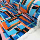 Abstractions Rayon Challis Viscose Geometric Blue Orange Dress Fabric Roll
