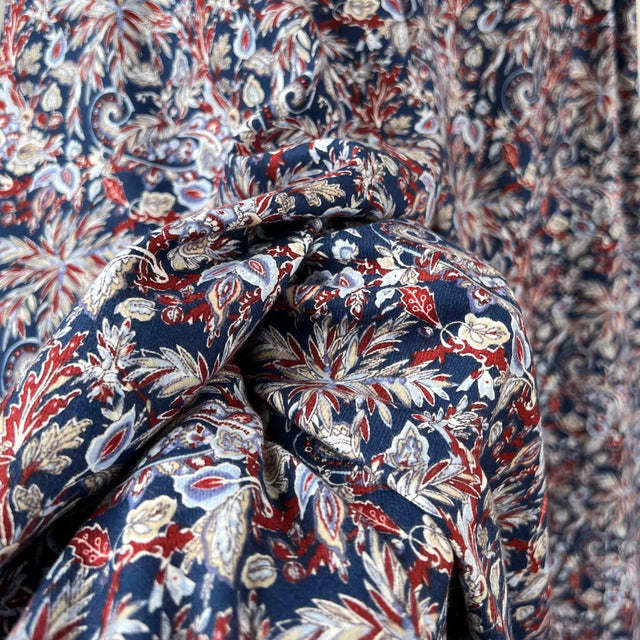 Autumnal Equinox Midnight Paisley Pop Brushed Cotton Blue Red Abstract Floral Print Dress Fabric CU