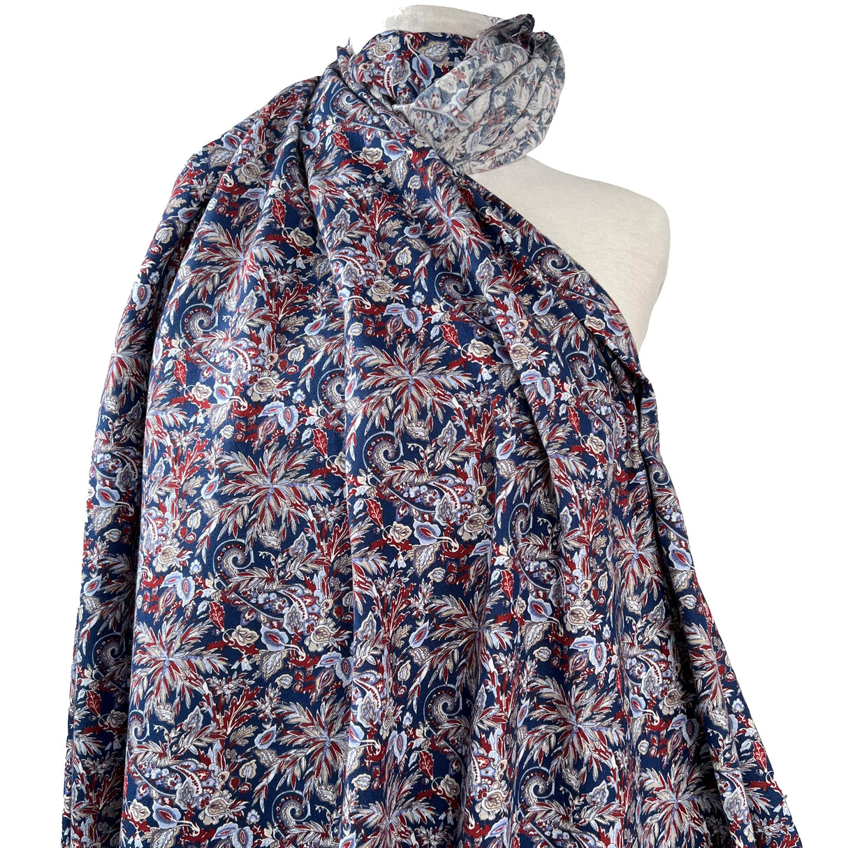 Autumnal Equinox Midnight Paisley Pop Brushed Cotton Blue Red Abstract Floral Print Dress Fabric Mannequin