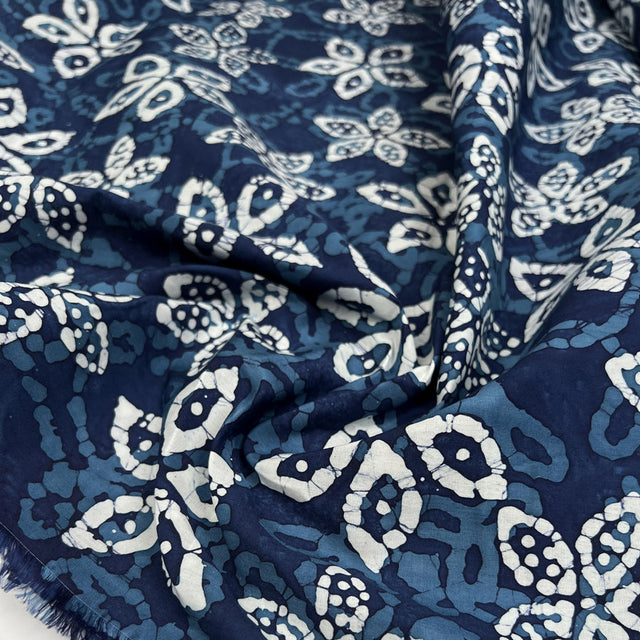 Batik Blue Blossoms Cotton White Hand Printed Abstract Woven Dress Fabric CU