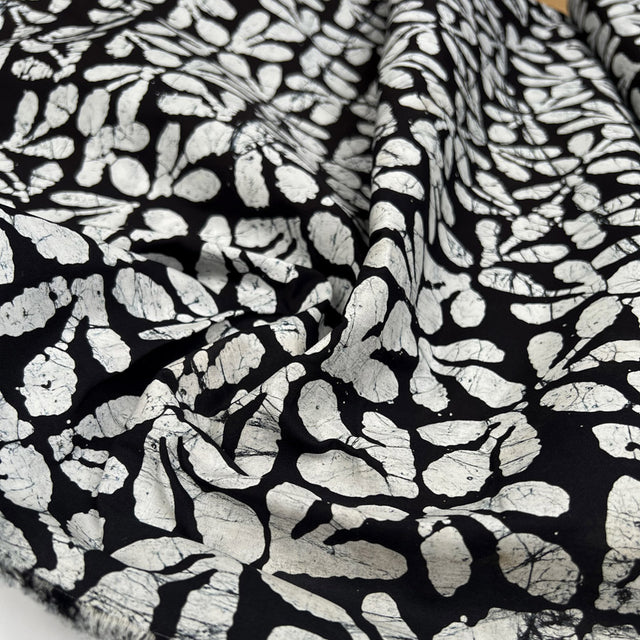 Batik Floral Silhouette Cotton Black White Hand Printed Abstract Woven Dress Fabric CU
