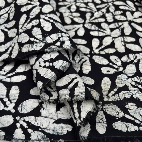 Batik Floral Silhouette Cotton Black White Hand Printed Abstract Woven Dress Fabric Fold