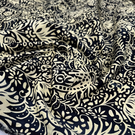 Batik Floral Vines Cream Black Cotton Hand Printed Abstract Woven Dress Fabric CU