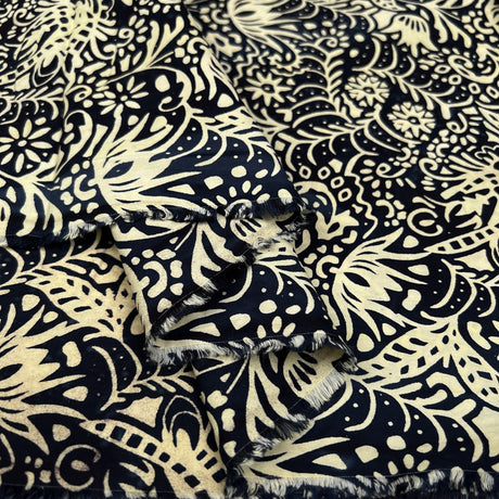 Batik Floral Vines Cream Black Cotton Hand Printed Abstract Woven Dress Fabric Fold