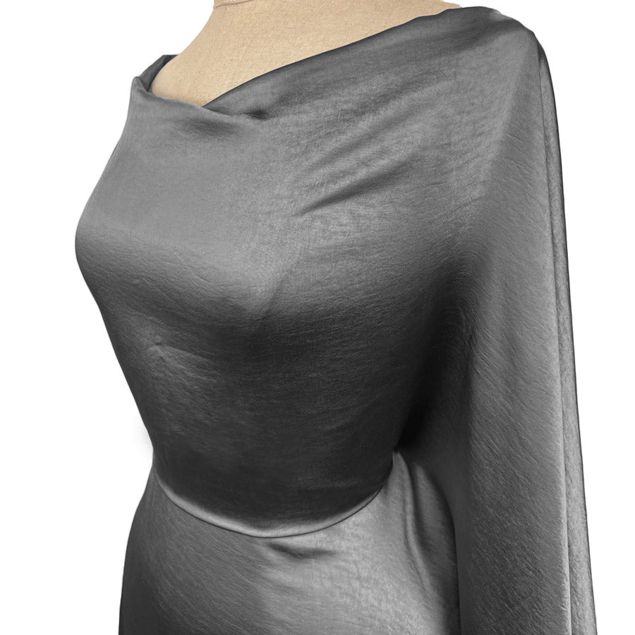 Bella Satin Stretch Grey Polyester Elastane Smooth Dressmaking Fabric Side