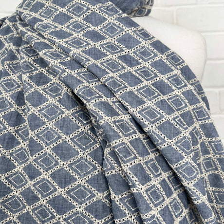 Boho Blue Diamond Cotton Embroidered Sky 131gsm Dress Fabric CU