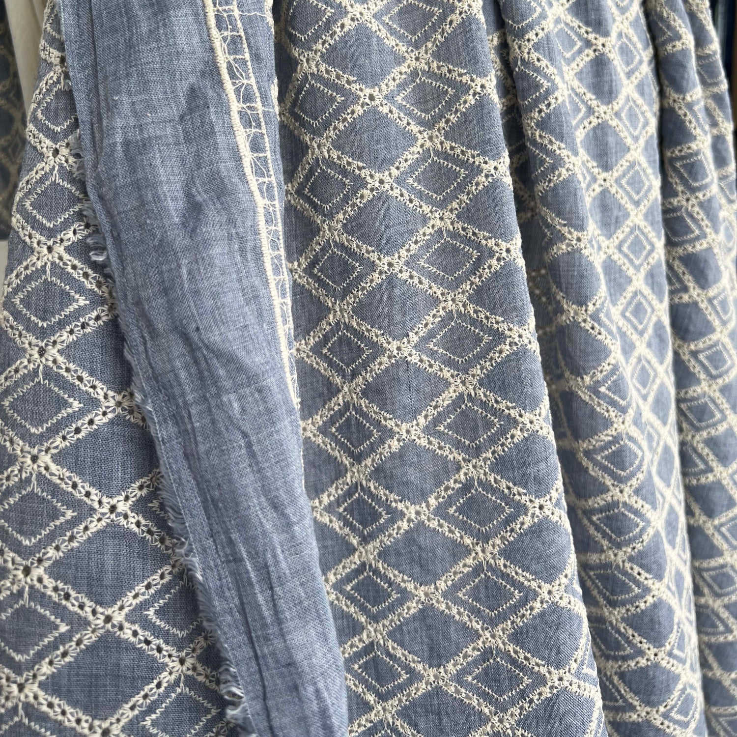 Boho Blue Diamond Cotton Embroidered Sky 131gsm Dress Fabric hang