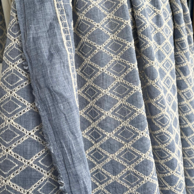 Boho Blue Diamond Cotton Embroidered Sky 131gsm Dress Fabric hang