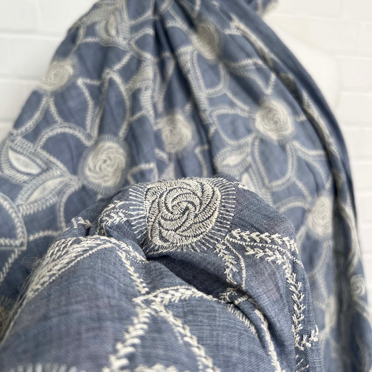 Boho Blue Floral Cotton Embroidered Sky 123gsm Dress Fabric CU